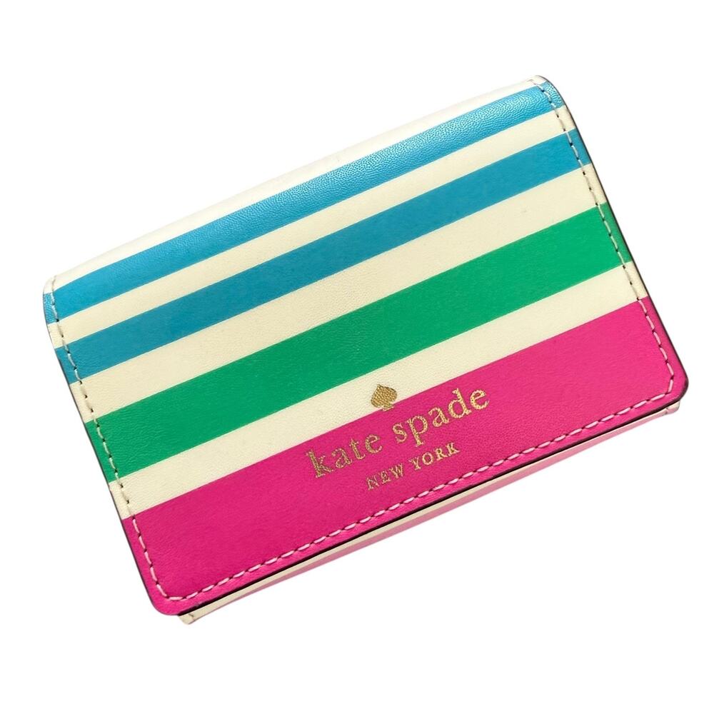 Kate Spade Card Wallet Womens One Size Multicolor Leather Rainbow Striped Logo